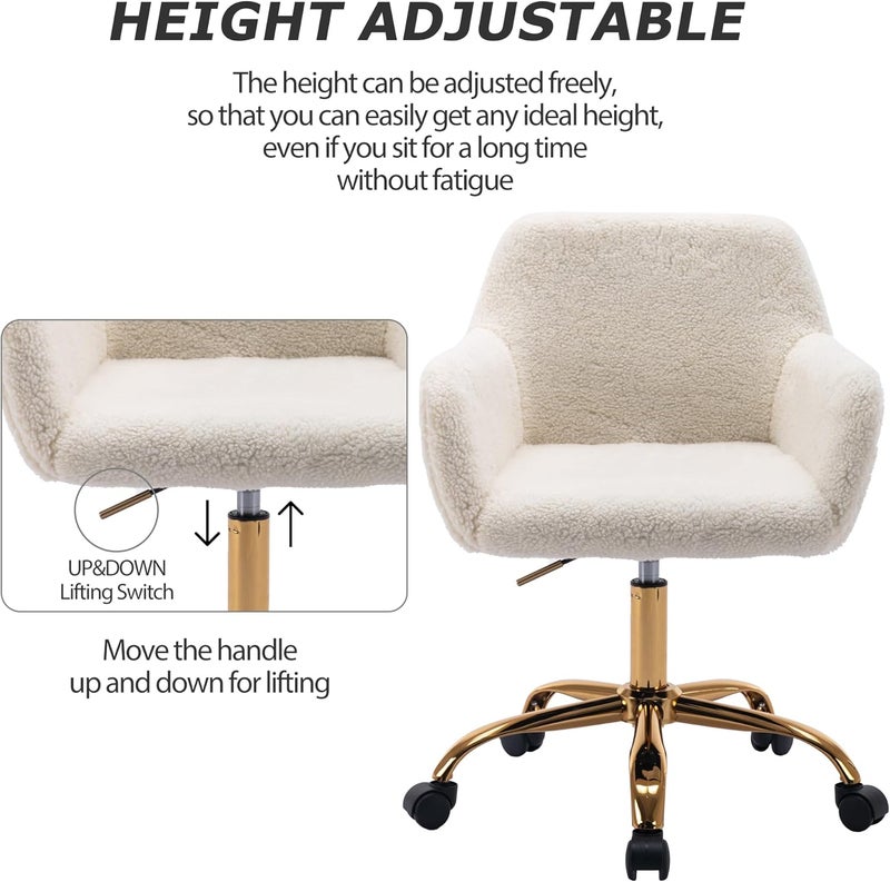 KCC Faux Fur Office Desk Chair, Comfy Swivel Armchair with Wheels, Upholstered Fuzzy Vanity Chair, Adjustable Height, White - Image 4